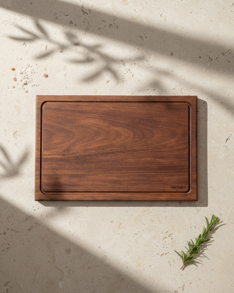 İroko Masif Kesme Tahtası – Yekpare Eksiz Doğal Ahşap Oluklu Sunum & Doğrama Tahtası 40x27,5 cm