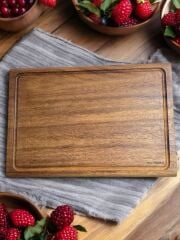 İroko Ağacı Tek Parça - Yekpare - Masİf Doğal Ağaç Ahşap Büyük Boy 40 X 27,5 Cm Oluklu Kesme Tahtası