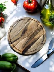 Ceviz Ağacı 34 Cm Oluklu Yuvarlak Rustik Doğal Ahşap Kanallı Pizza Sunum Doğrama Kesme Tahtası
