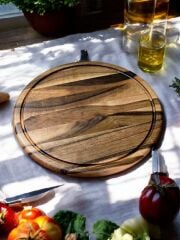 Ceviz Ağacı 34 Cm Oluklu Yuvarlak Rustik Doğal Ahşap Kanallı Pizza Sunum Doğrama Kesme Tahtası