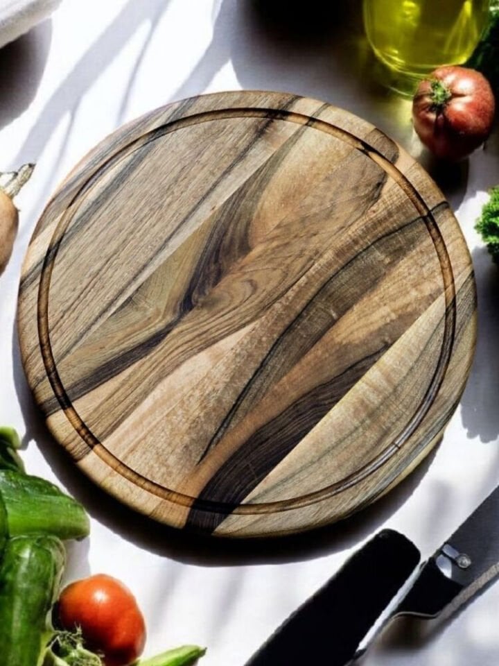 Ceviz Ağacı 40 Cm Oluklu Yuvarlak Rustik Doğal Ahşap Kanallı Pizza Sunum Doğrama Kesme Tahtası