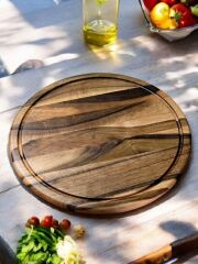 Ceviz Ağacı 40 Cm Oluklu Yuvarlak Rustik Doğal Ahşap Kanallı Pizza Sunum Doğrama Kesme Tahtası