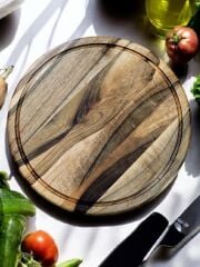 Ceviz Ağacı 28 Cm Oluklu Yuvarlak Rustik Doğal Ahşap Kanallı Pizza Sunum Doğrama Kesme Tahtası