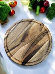 Ceviz Ağacı 28 Cm Oluklu Yuvarlak Rustik Doğal Ahşap Kanallı Pizza Sunum Doğrama Kesme Tahtası