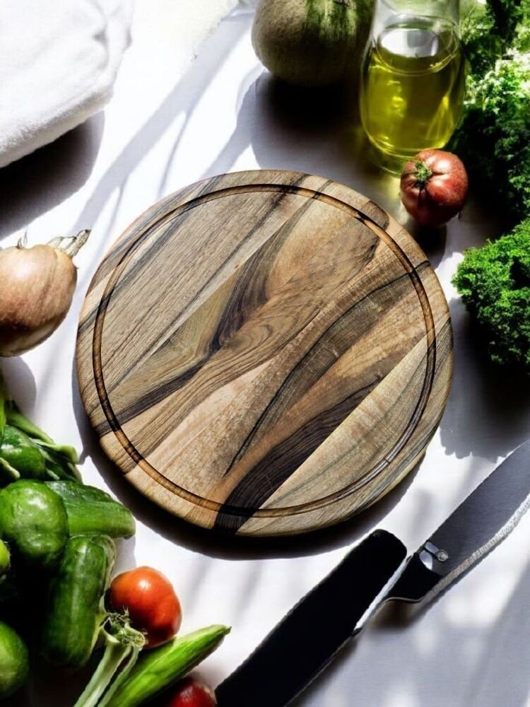 Ceviz Ağacı 28 Cm Oluklu Yuvarlak Rustik Doğal Ahşap Kanallı Pizza Sunum Doğrama Kesme Tahtası