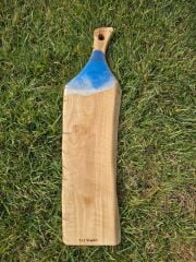 38 X 11 Cm Doğal Zeytin Ağacı Mavi Deniz Dalga Epoksi Saplı Kesme Peynir Sunum Tahtası