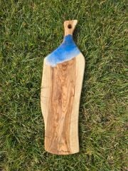 38 X 11 Cm Doğal Zeytin Ağacı Mavi Deniz Dalga Epoksi Saplı Kesme Peynir Sunum Tahtası