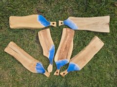 45 X12 Cm Doğal Zeytin Ağacı Mavi Deniz Dalga Epoksi Saplı Kesme Peynir Sunum Tahtası