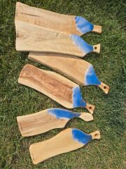 45 X12 Cm Doğal Zeytin Ağacı Mavi Deniz Dalga Epoksi Saplı Kesme Peynir Sunum Tahtası