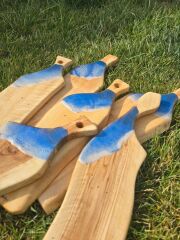 45 X12 Cm Doğal Zeytin Ağacı Mavi Deniz Dalga Epoksi Saplı Kesme Peynir Sunum Tahtası