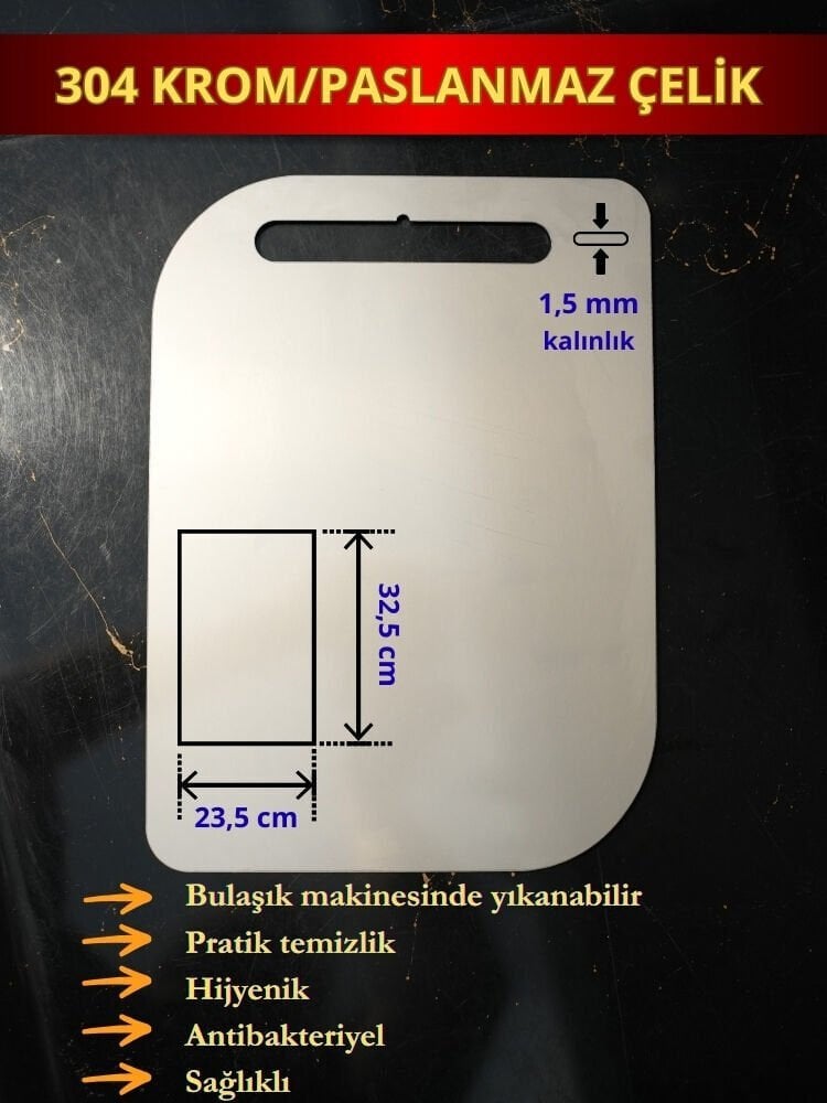 Krom, Paslanmaz Çelik Metal, Antibakteriyel Kesme Tahtası, Pano 32,5 X 23,5 Cm 1,5 Mm Kalınlık