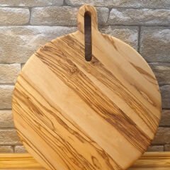 Zeytin Ağacı 30 Cm Doğal Ahşap Pizza Peynir Sunum Et Steak Saplı Yuvarlak Kesme Tahtası