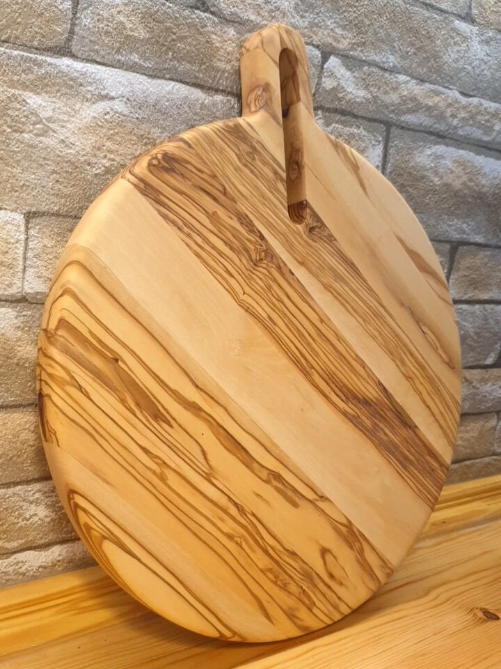Zeytin Ağacı  35 Cm Doğal Ahşap Pizza Peynir Sunum Et Steak Saplı Kesme Tahtası Yuvarlak