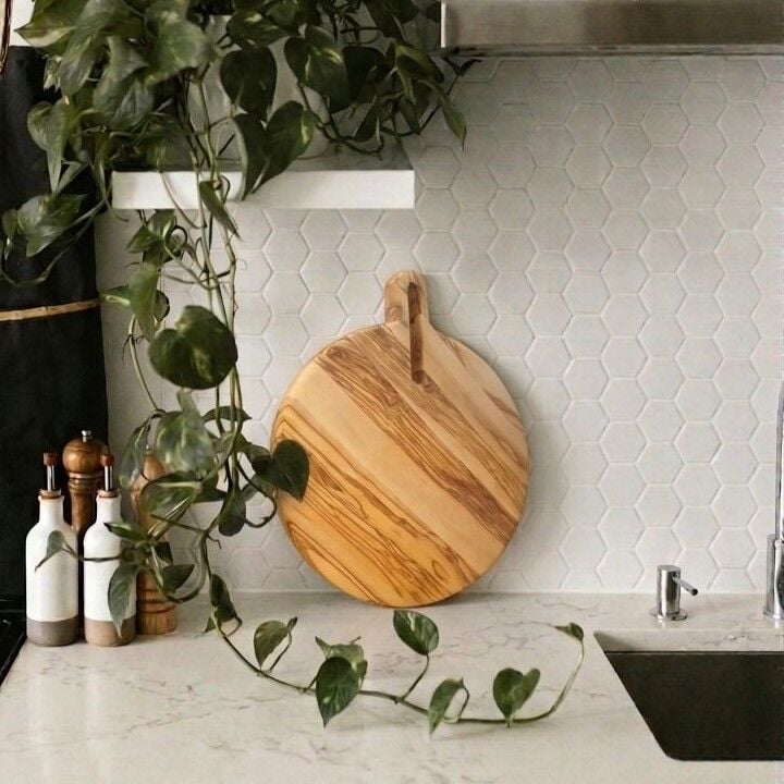 Zeytin Ağacı  35 Cm Doğal Ahşap Pizza Peynir Sunum Et Steak Saplı Kesme Tahtası Yuvarlak
