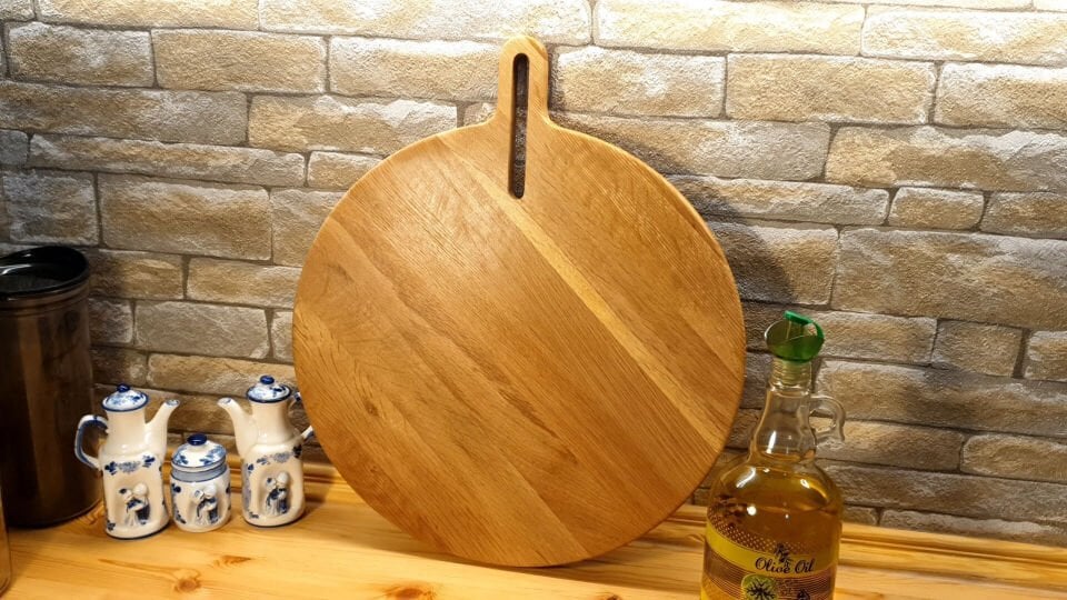 Meşe Ağacı 35 Cm Doğal Ahşap Pizza Peynir Sunum Et Steak Saplı Kesme Tahtası Yuvarlak