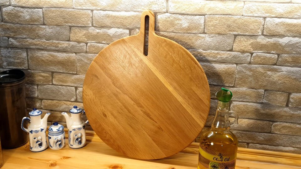 Meşe Ağacı 40 Cm Doğal Ahşap Pizza Peynir Sunum Et Steak Saplı Kesme Tahtası Yuvarlak