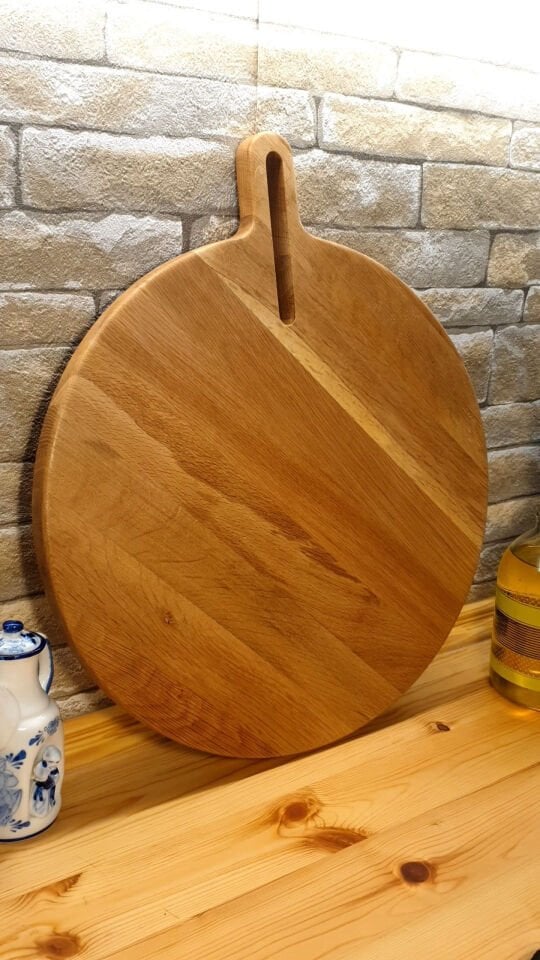 Meşe Ağacı 40 Cm Doğal Ahşap Pizza Peynir Sunum Et Steak Saplı Kesme Tahtası Yuvarlak