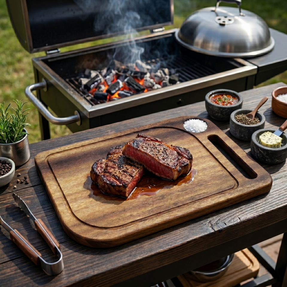 Tek parça iroko ağacı masif - Baharat Hazneli - Steak tahtası