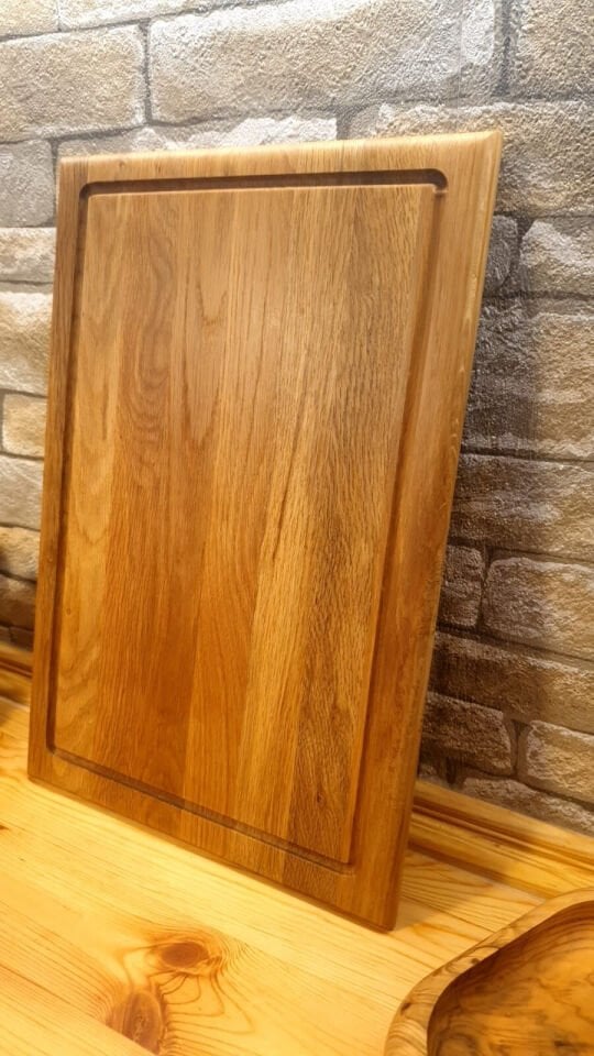 Meşe Doğal Ahşap El Yapımı Oluklu Kesme Sunum Steak Et Ekmek Sebze Doğrama Tahtası 39 Cm