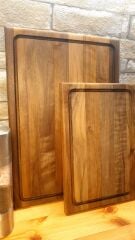 2li Set Masif Tek Parçadan - Yekpare İroko Ağacı Oluklu Kesme Tahtası