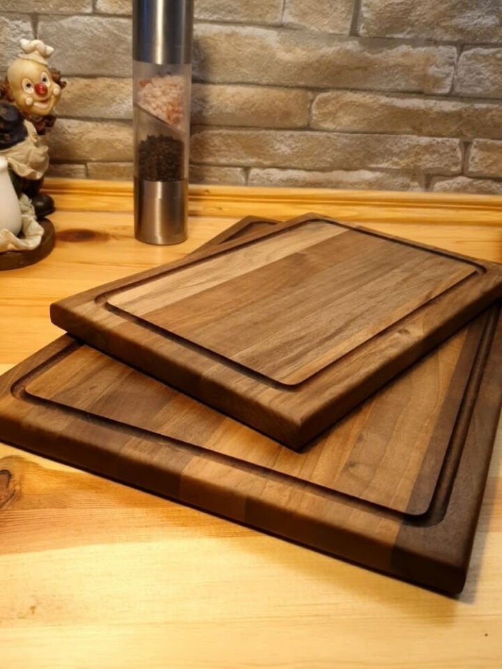 2li Set Masif Tek Parçadan - Yekpare İroko Ağacı Oluklu Kesme Tahtası