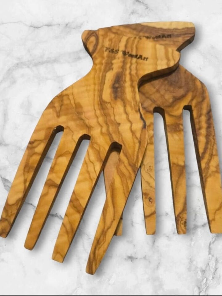 Salata Eli - Servis Çatalı 15x9 Cm Edremit Zeytin Ağacı El Yapımı 2 Li Set Salata Eli - Servis Çatalı 15x9 Cm