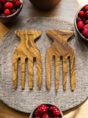 Salata Eli - Servis Çatalı 15x9 Cm Edremit Zeytin Ağacı El Yapımı 2 Li Set Salata Eli - Servis Çatalı 15x9 Cm