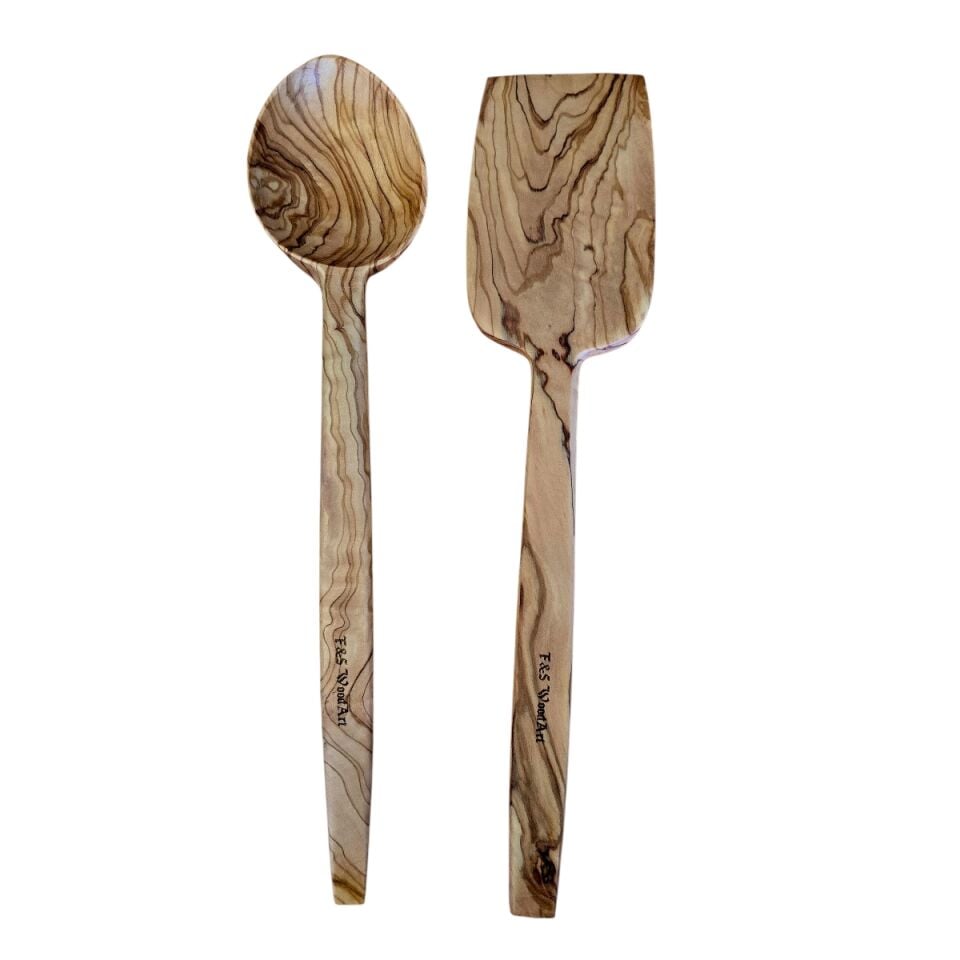 Zeytin Ağacı 2 Li Set Ahşap Spatula Tencere Kaşığı 30 Cm