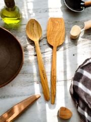 Zeytin Ağacı 2 Li Set Ahşap Spatula Tahta Tencere Kaşığı 29 Cm
