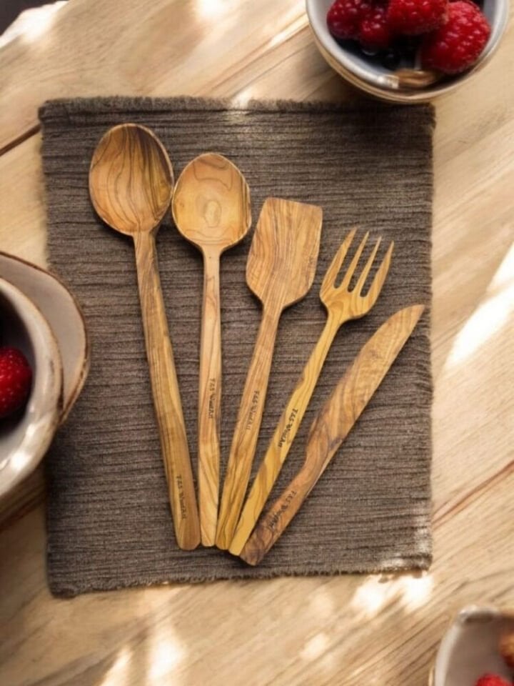 Edremit Zeytin Ağacı Doğal Ahşap El Yapımı Set Kaşık Kepçe Spatula Çatal Bıçak