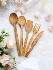 Edremit Zeytin Ağacı Doğal Ahşap El Yapımı Set Kaşık Kepçe Spatula Çatal Bıçak