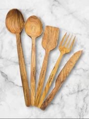 Edremit Zeytin Ağacı Doğal Ahşap El Yapımı Set Kaşık Kepçe Spatula Çatal Bıçak