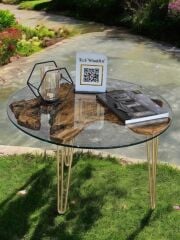 Zeytin Ağacı Doğal Ahşap Kütük Sehpa 82 Cm çap 54 Cm Yüksek - Gold Firkete Ayak - 10 Mm Cam Dahil