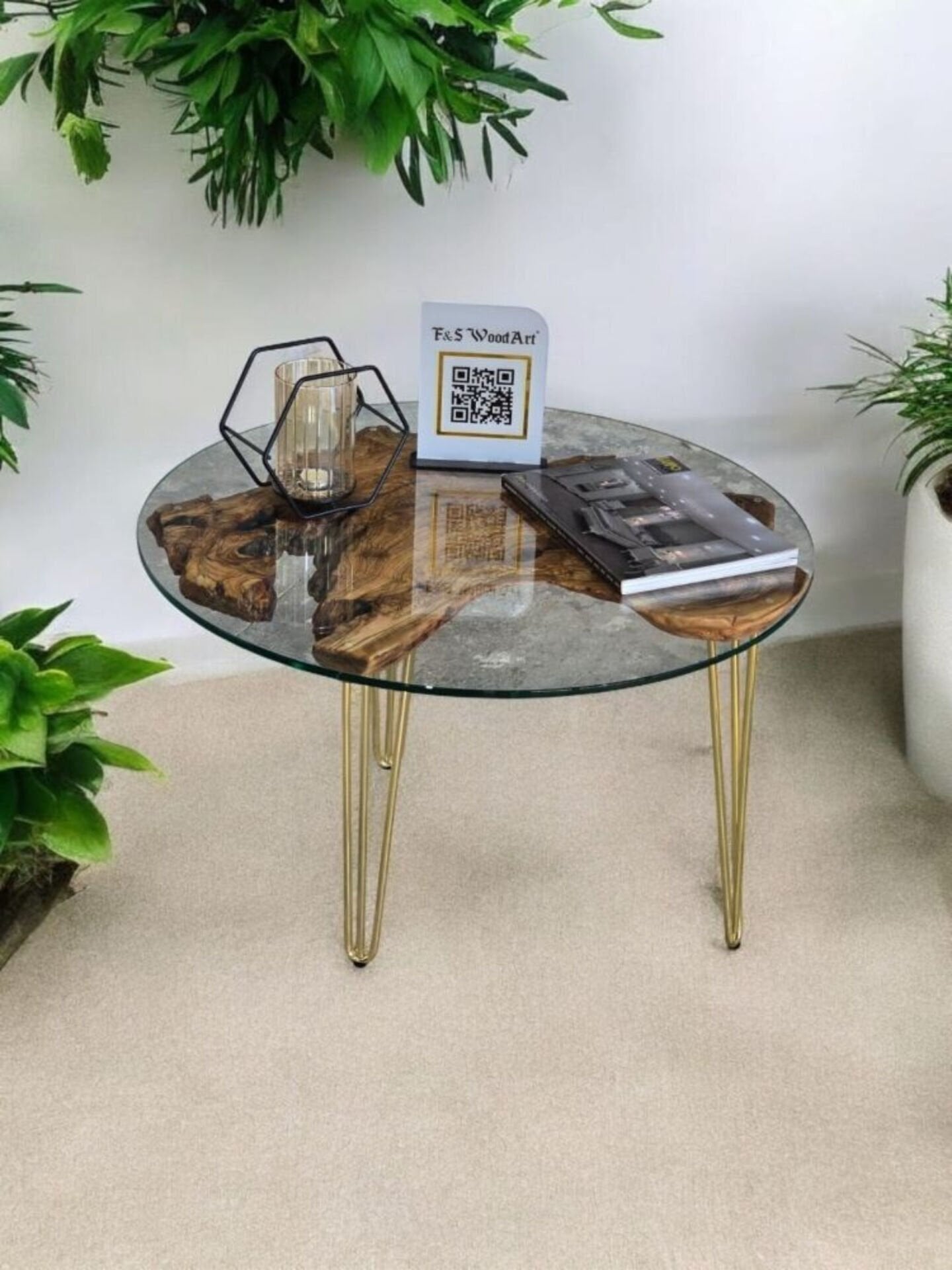 Zeytin Ağacı Doğal Ahşap Kütük Sehpa 82 Cm çap 54 Cm Yüksek - Gold Firkete Ayak - 10 Mm Cam Dahil