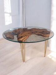 Zeytin Ağacı Doğal Ahşap Kütük Sehpa 82 Cm çap 54 Cm Yüksek - Gold Firkete Ayak - 10 Mm Cam Dahil