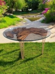 Zeytin Ağacı Doğal Ahşap Kütük Sehpa 82 Cm çap 54 Cm Yüksek - Gold Firkete Ayak - 10 Mm Cam Dahil