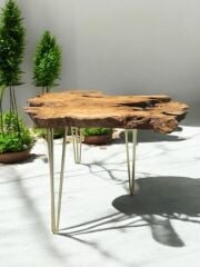 Zeytin Ağacı Doğal Ahşap Kütük Sehpa 82 Cm çap 54 Cm Yüksek - Gold Firkete Ayak - 10 Mm Cam Dahil