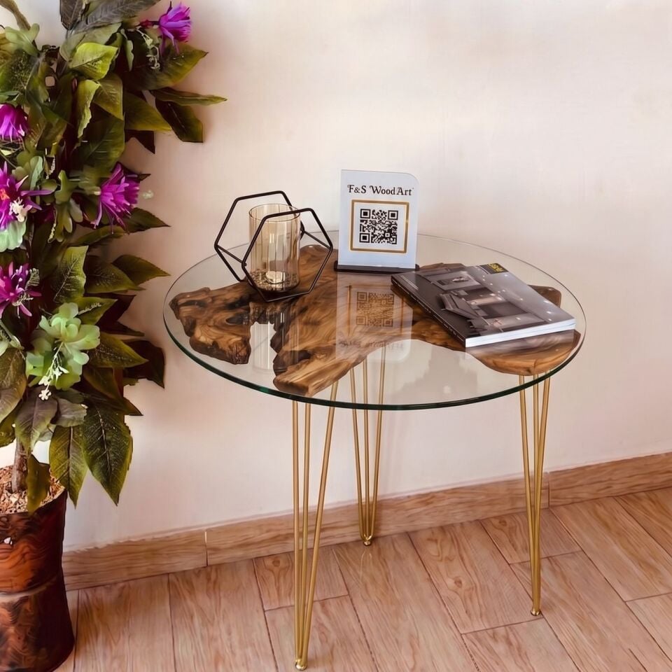 Zeytin Ağacı Doğal Ahşap Kütük Sehpa 82 Cm çap 54 Cm Yüksek - Gold Firkete Ayak - 10 Mm Cam Dahil