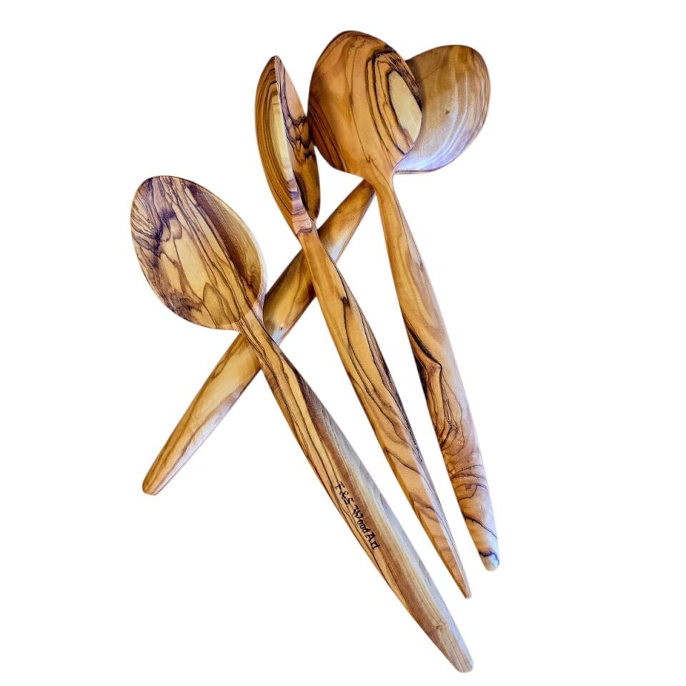 4 Adet 23 Cm Zeytin Ağacı Tahta Kaşık Set - Yemek Çocuk Sahan Sos Kaşığı