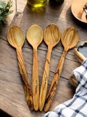 4 Adet 23 Cm Zeytin Ağacı Tahta Kaşık Set - Yemek Çocuk Sahan Sos Kaşığı