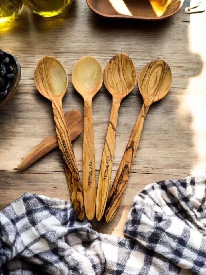4 Adet 22 Cm Zeytin Ağacı Tahta Kaşık Yemek Çocuk Mama Sahan Kaşığı