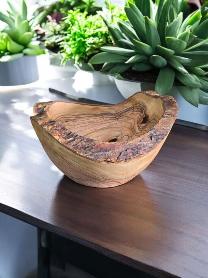 24 X 9 Cm Zeytin Ağacı Tek Parça El Yapımı Rustik Doğal Kenar Ahşap Kütük Kase