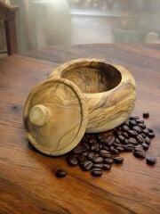 Zeytin Ağacı Tek Parça El Yapımı Doğal Ahşap Kapaklı Yuvarlak Kase şekerlik 14 Cm