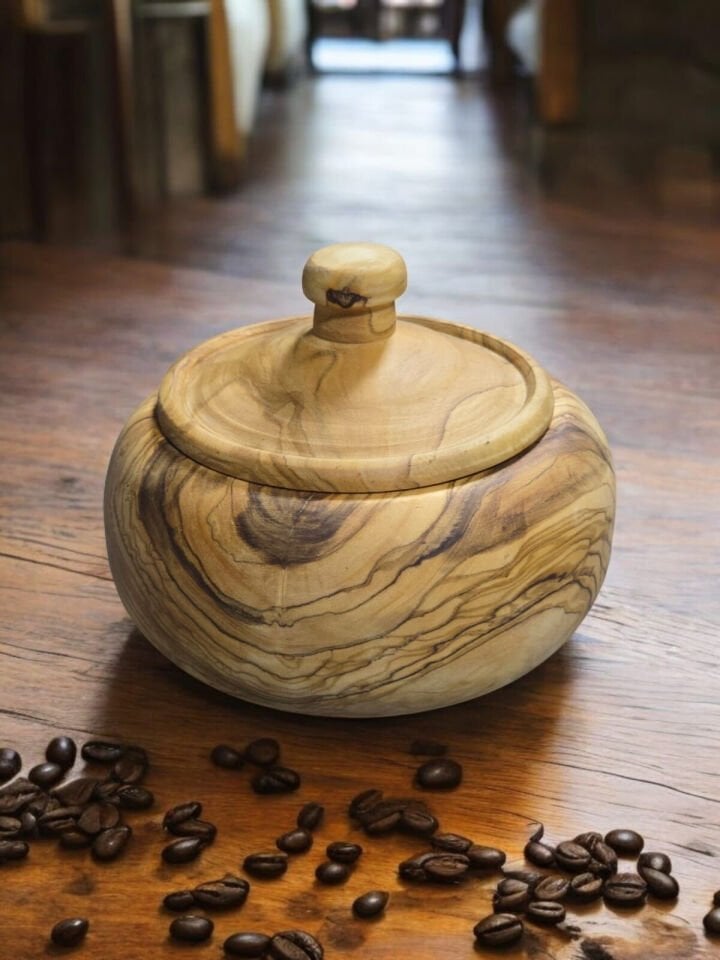 Zeytin Ağacı Tek Parça El Yapımı Doğal Ahşap Kapaklı Yuvarlak Kase şekerlik 14 Cm
