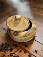 Zeytin Ağacı Tek Parça El Yapımı Doğal Ahşap Kapaklı Yuvarlak Kase şekerlik 14 Cm