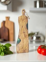 50 x 11 cm Doğal Zeytin Ağacı yeşil epoksi dolgulu saplı kesme sunum tahtası