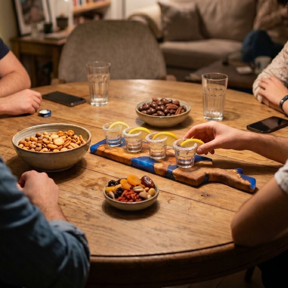 Zeytin Ağacı Ahşap Epoksi Tekila Parti Sunum Tepsisi ( 4 Adet Shot Bardak Dahil )