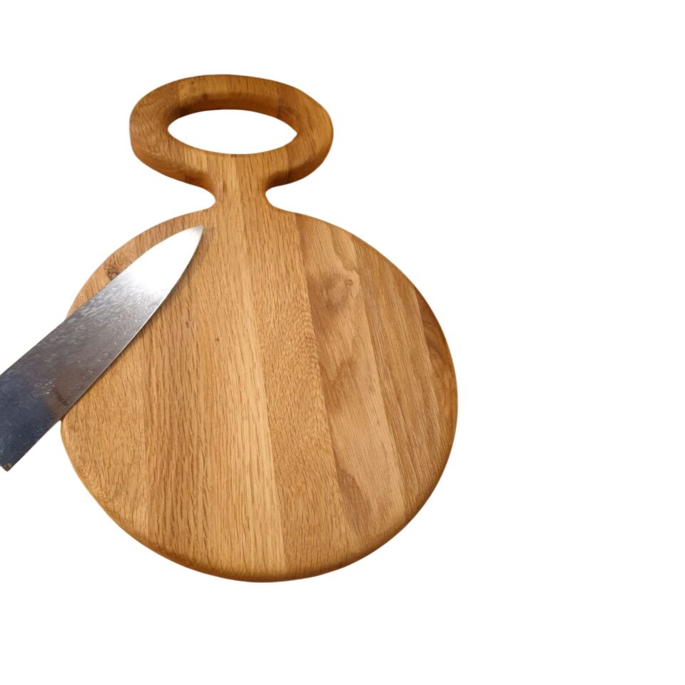 Saplı yuvarlak sunum - kesme tahtası  37 cm  - meşe ağacı doğal ahşap