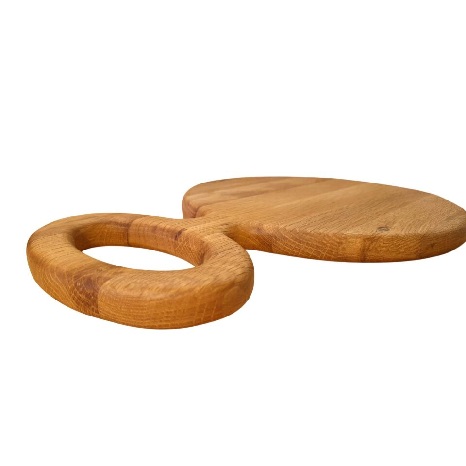 Saplı yuvarlak sunum - kesme tahtası  37 cm  - meşe ağacı doğal ahşap