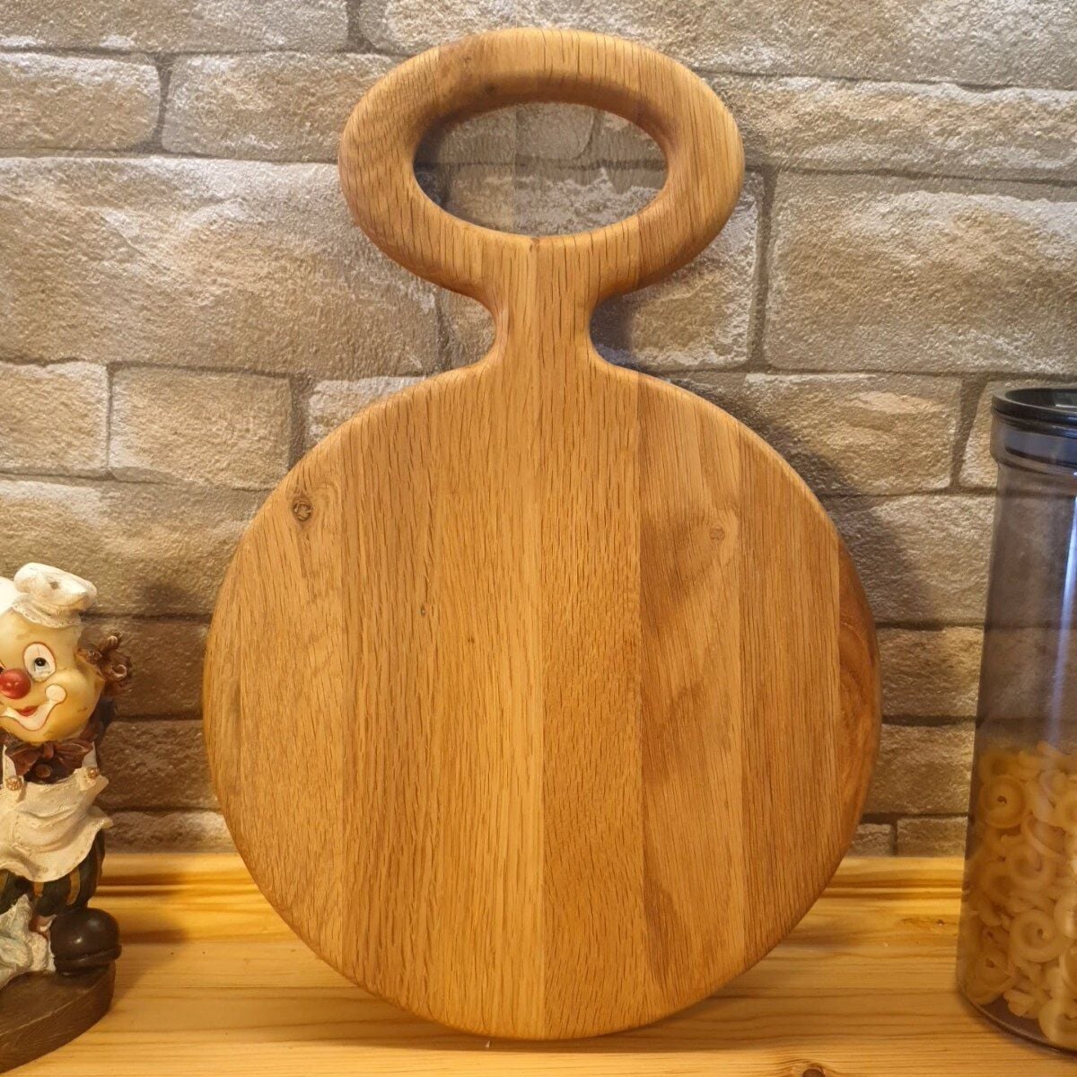 Saplı yuvarlak sunum - kesme tahtası  37 cm  - meşe ağacı doğal ahşap